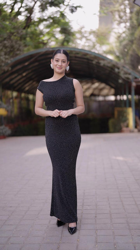 Lia Sequined Party Dress - full-length front shot on model outdoors, black - Miss Mosa By Akanksha