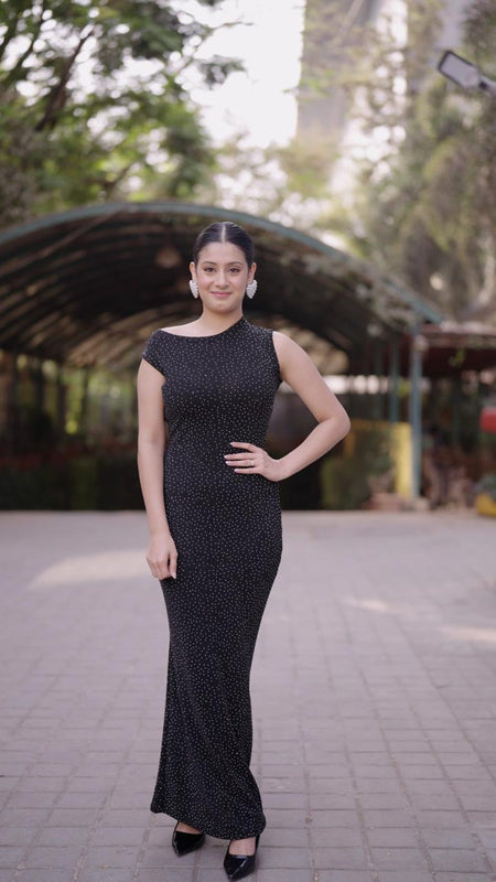 Lia Sequined Party Dress - full-length side shot on model outdoors, black - Miss Mosa By Akanksha