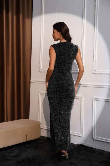 Lia Sequined Party Dress - full-length back shot on model, black - Miss Mosa By Akanksha