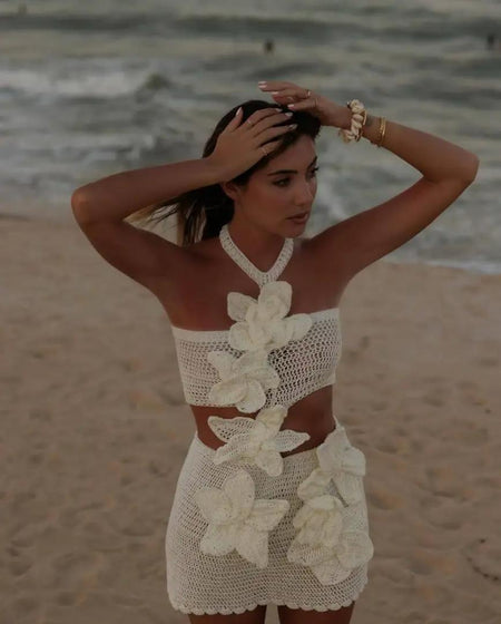 Lia Summer Lily Coord Set Resortwear In White - front shot on model on beach - Miss Mosa By Akanksha
