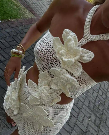 Lia Summer Lily Coord Set Resortwear In White - close-up of crochet flower detail - Miss Mosa By Akanksha