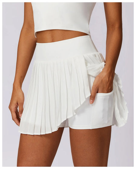 Lia Tenniscore Trendy Short Skirts - close-up front shot on model, white - Miss Mosa By Akanksha