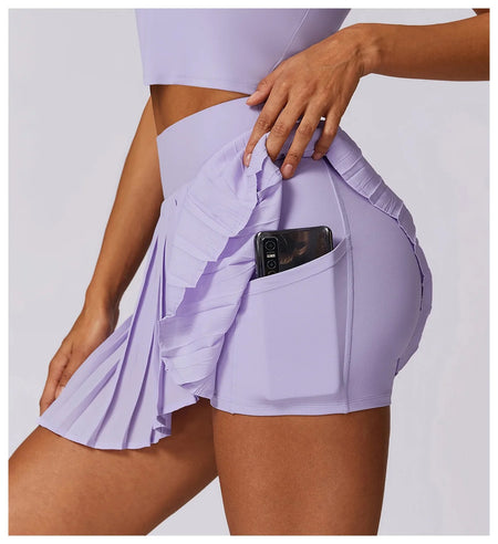 Lia Tenniscore Trendy Short Skirts - close-up side shot on model, purple - Miss Mosa By Akanksha