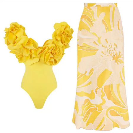 Liana Swimsuit With Sarong Skirt In Yellow - flat-lay product shot of swimsuit and skirt - Miss Mosa By Akanksha