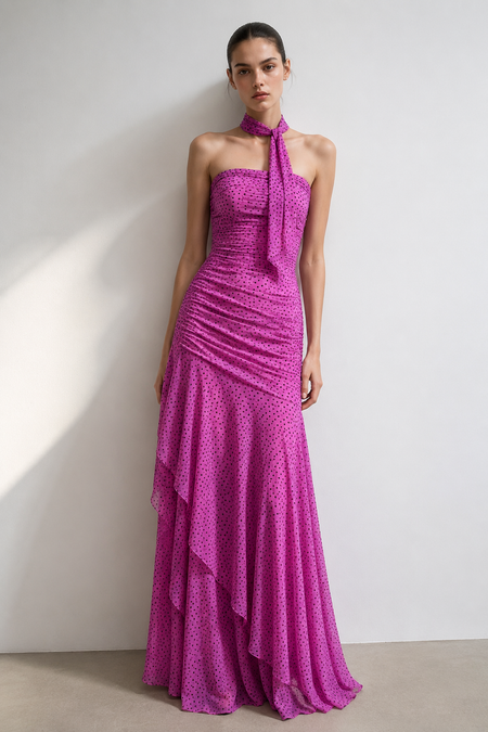 Liane Polka Tube Maxi Dress With Scarf - full-length front shot, magenta with black polka dots - Miss Mosa By Akanksha