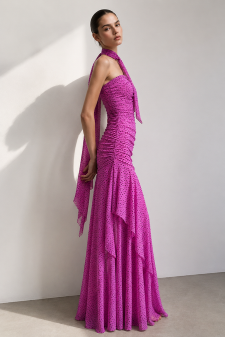 Liane Polka Tube Maxi Dress With Scarf - full-length side shot, magenta with black polka dots - Miss Mosa By Akanksha