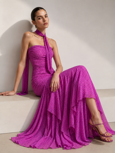 Liane Polka Tube Maxi Dress With Scarf - seated full-length shot, magenta with black polka dots - Miss Mosa By Akanksha