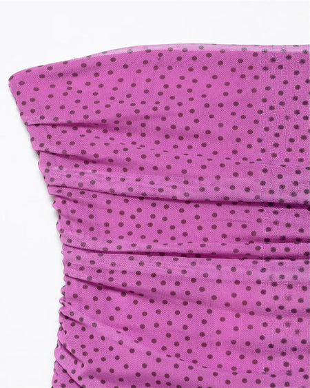 Liane Polka Tube Maxi Dress With Scarf - detail shot, magenta with black polka dots - Miss Mosa By Akanksha