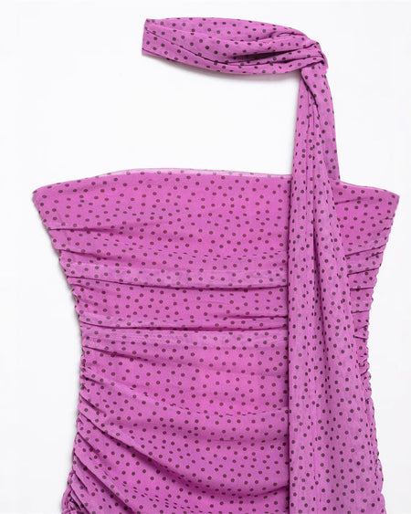 Liane Polka Tube Maxi Dress With Scarf - detail shot, magenta with black polka dots - Miss Mosa By Akanksha