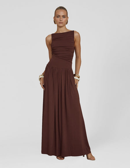 Libya Statement Maxi Dress In Maroon - full-length front shot on model - Miss Mosa By Akanksha