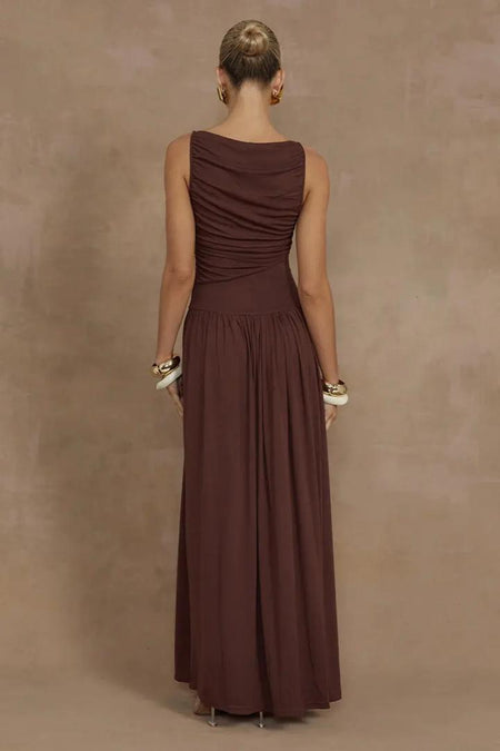 Libya Statement Maxi Dress In Maroon - back shot on model - Miss Mosa By Akanksha