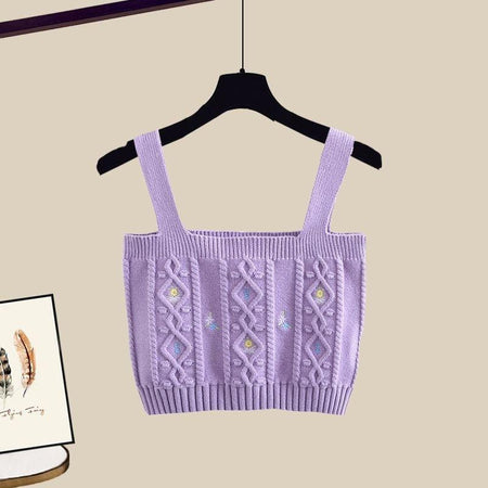 Lilac Mist Woolen 3 Pc Coord Set - close-up of knit cami, lilac - Miss Mosa By Akanksha