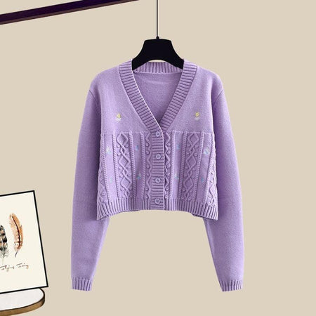 Lilac Mist Woolen 3 Pc Coord Set - close-up of knit cardigan, lilac - Miss Mosa By Akanksha