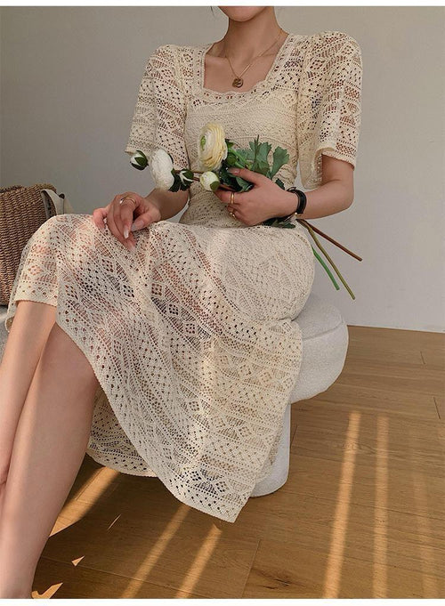 Liliana Crochet Midi Dress In Beige