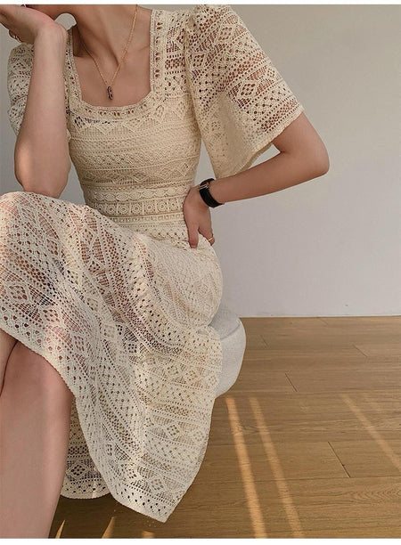Liliana Crochet Midi Dress In Beige - lifestyle shot on model, beige - Miss Mosa By Akanksha