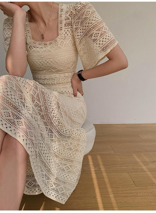 Liliana Crochet Midi Dress In Beige
