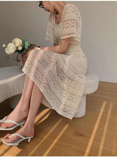 Liliana Crochet Midi Dress In Beige - lifestyle shot on model, beige - Miss Mosa By Akanksha