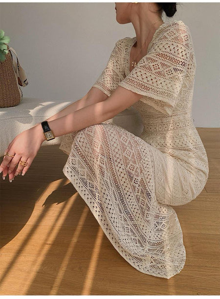 Liliana Crochet Midi Dress In Beige - lifestyle shot on model, beige - Miss Mosa By Akanksha