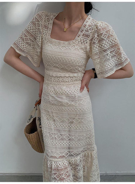 Liliana Crochet Midi Dress In Beige - front shot on model, beige - Miss Mosa By Akanksha