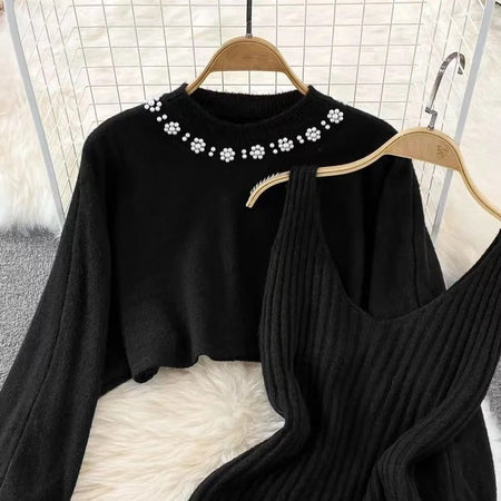 Lilith Coord Set - close-up of beaded neckline, black - Miss Mosa By Akanksha