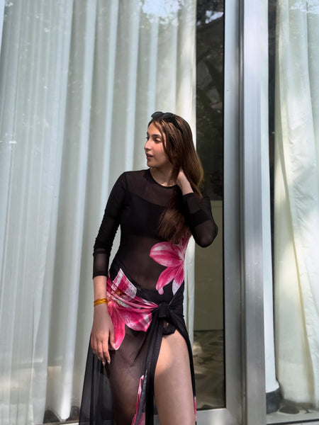 Lilly Swimsuit With Sarong In Black - front shot on model - Miss Mosa By Akanksha