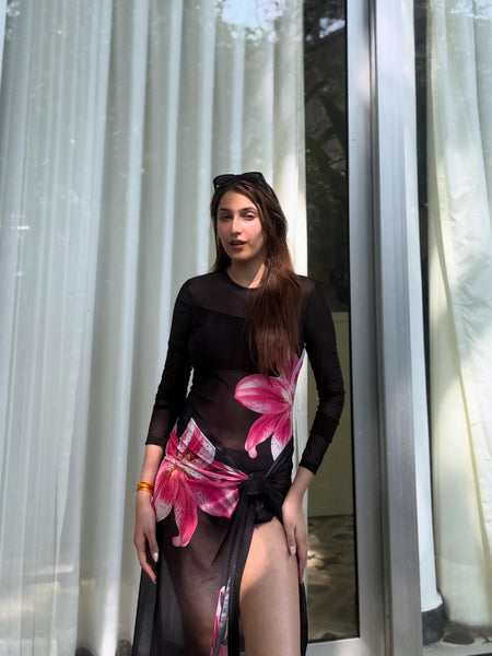 Lilly Swimsuit With Sarong In Black - front shot on model - Miss Mosa By Akanksha