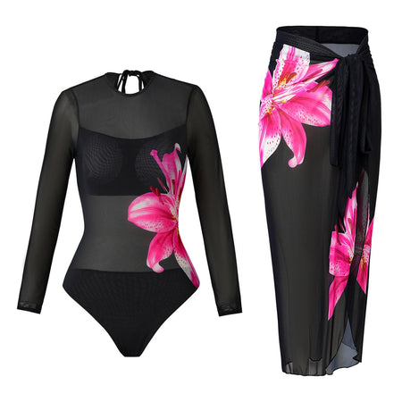 Lilly Swimsuit With Sarong In Black - flat-lay product shot of swimsuit and sarong - Miss Mosa By Akanksha