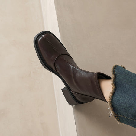 Lily Ankle Chelsea Boots - close-up of boot on model, brown - Miss Mosa By Akanksha