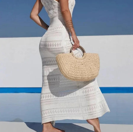 Lily Halterneck Soft Knit Dress In White - back shot on model - Miss Mosa By Akanksha