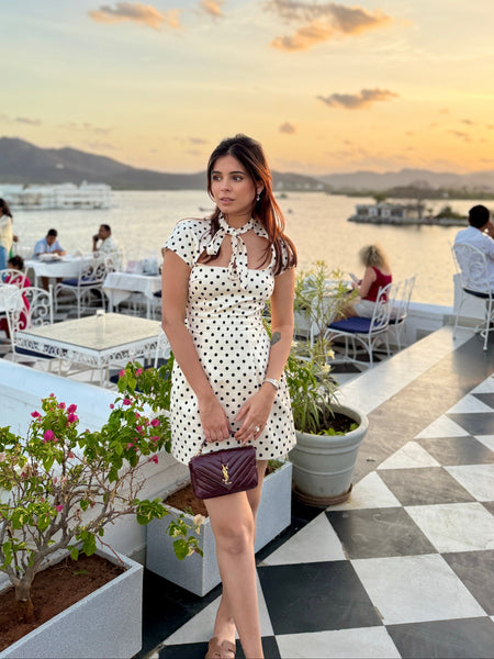 Lina Knot Polka Mini Dress - full-length shot, black and white polka dot - Miss Mosa By Akanksha