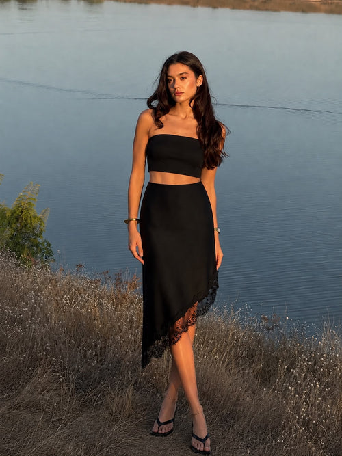 Linn Satin Lace Asymmetric Midi Skirt
