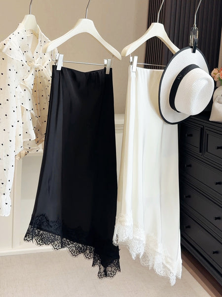 Linn Satin Lace Asymmetric Midi Skirt - flat-lay shot, black and white with lace - Miss Mosa By Akanksha