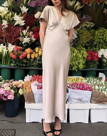 Lipasa Satin Midi Dress In Beige - full-length front shot on model - Miss Mosa By Akanksha