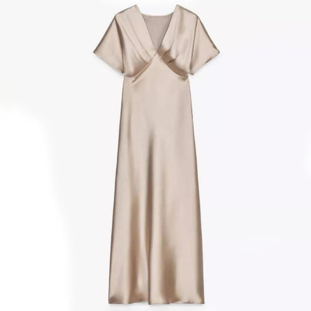 Lipasa Satin Midi Dress In Beige - flat-lay product shot - Miss Mosa By Akanksha