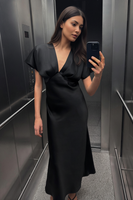 Lipasa Satin Midi Dress In Black - front shot on model mirror selfie - Miss Mosa By Akanksha