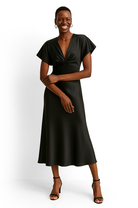Lipasa Satin Midi Dress In Black - full-length shot on model - Miss Mosa By Akanksha