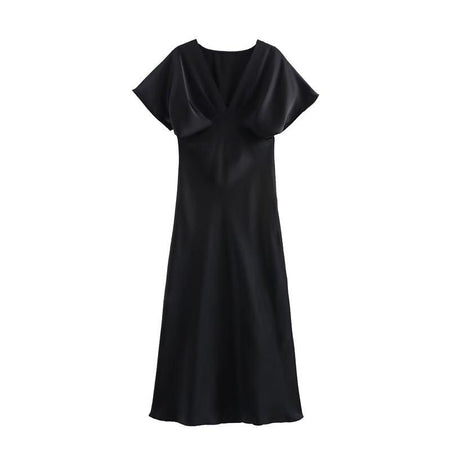 Lipasa Satin Midi Dress In Black - front shot of dress product - Miss Mosa By Akanksha
