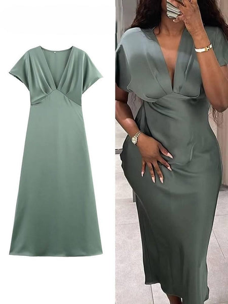 Lipasa Satin Midi Dress In Sage Green - flat-lay product shot beside model shot - Miss Mosa By Akanksha