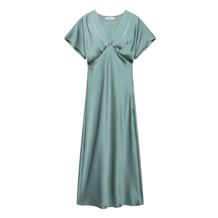 Lipasa Satin Midi Dress In Sage Green - flat-lay product shot of dress - Miss Mosa By Akanksha