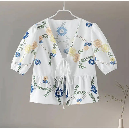 Lira Floral Vest Knot Summer Tops - back hanging product shot, white - Miss Mosa By Akanksha