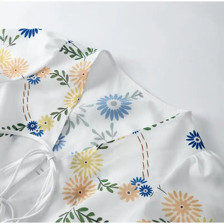 Lira Floral Vest Knot Summer Tops - close-up of fabric print detail, white - Miss Mosa By Akanksha