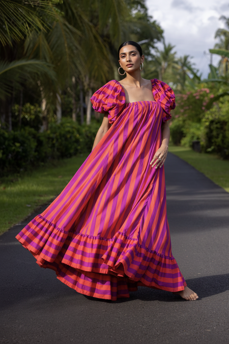 Lisba Luxury Striped Maxi Dress In Multicolour - full-length front shot on model - Miss Mosa By Akanksha