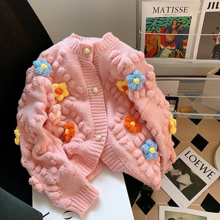 Lisido Statement Woolen Sweater with Flower Detail - flat-lay shot of cardigan, pink - Miss Mosa By Akanksha
