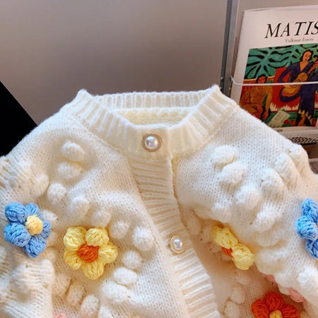 Lisido Statement Woolen Sweater with Flower Detail - close-up of pearl button and flowers, cream - Miss Mosa By Akanksha