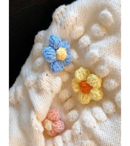 Lisido Statement Woolen Sweater with Flower Detail - close-up of flower detail, cream - Miss Mosa By Akanksha