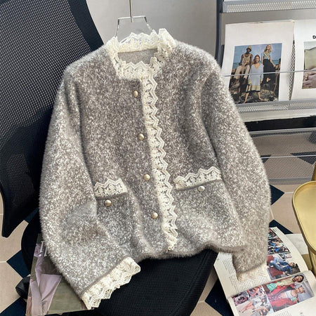 Livia Lace Winter Fur Cardigan In Grey - flat-lay product shot on hanger - Miss Mosa By Akanksha