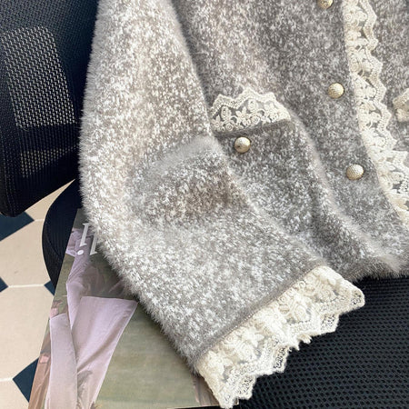 Livia Lace Winter Fur Cardigan In Grey - close-up shot of sleeve and pocket lace detail - Miss Mosa By Akanksha