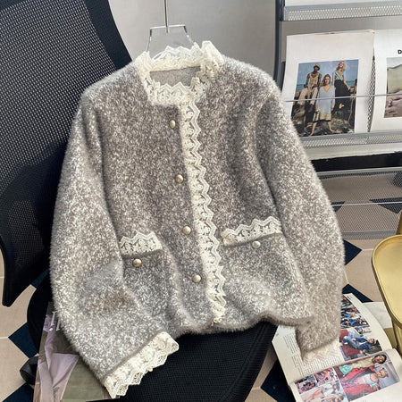 Livia Lace Winter Fur Cardigan In Grey - flat-lay product shot on hanger - Miss Mosa By Akanksha