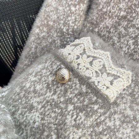 Livia Lace Winter Fur Cardigan In Grey - close-up shot of button and lace trim - Miss Mosa By Akanksha