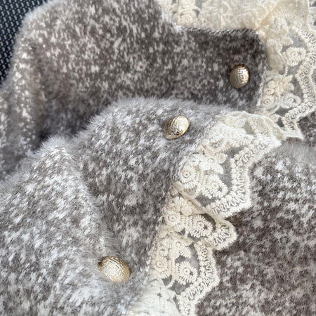 Livia Lace Winter Fur Cardigan In Grey - close-up shot of buttons and lace trim - Miss Mosa By Akanksha